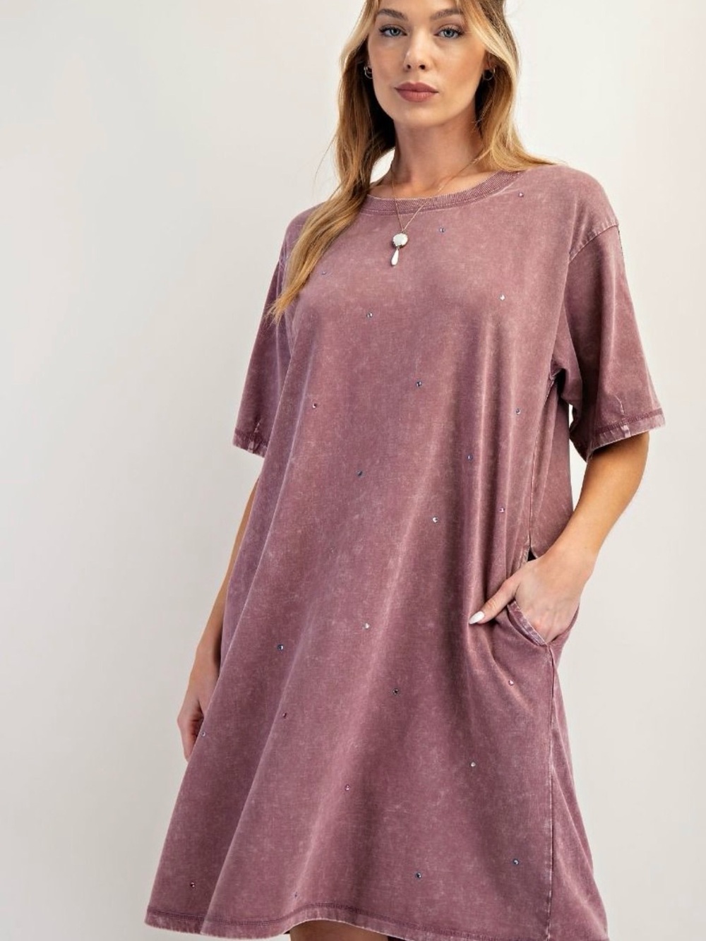 EASEL FRENCH TERRY Washed Plum Embellished T-Shirt Dress POCKETS